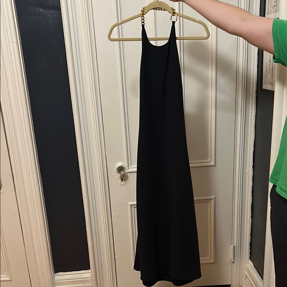 STAUD Navy High Neck Dress with Gold Chain